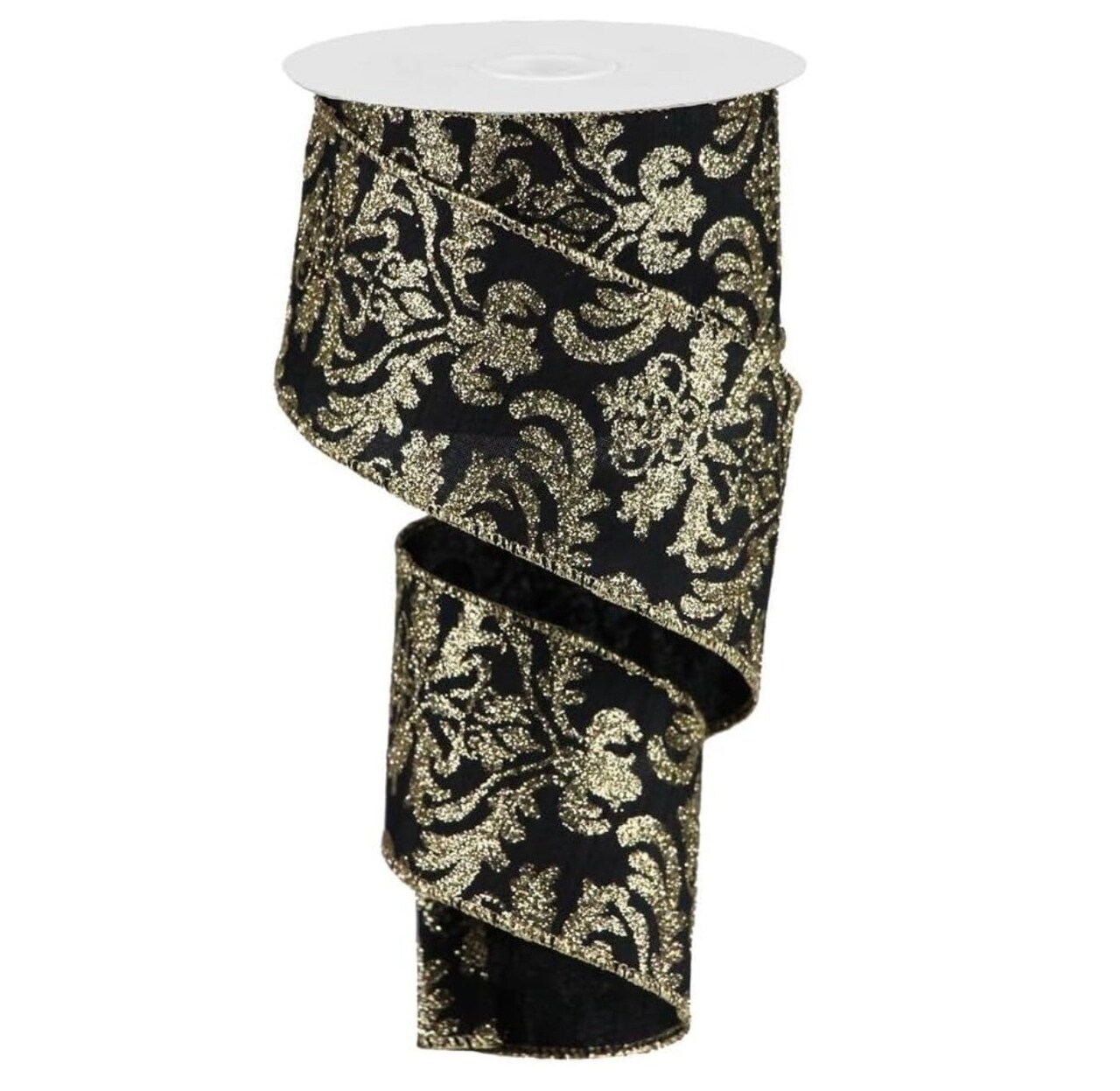 RG Ribbon: 2.5" Fused Glitter Damask Wired Ribbon 10 Yards - Black, Gold - For Christmas Bows, Wreaths, Crafts and Decorations